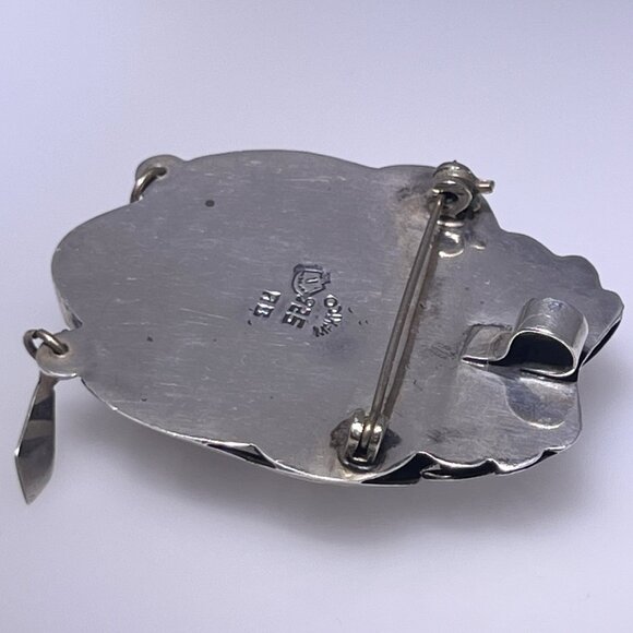 Vintage sterling silver and carved Obsidian pendant, Mayan Warrior, Mexico - Picture 7 of 9